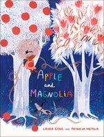 Ilustration of two trees -- an apple and a magnolia tree -- with a little girl sitting in the apple tree. A dog is standign below the apple tree, looking upward at the young girl.