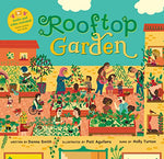 Illustrated scene of people of various ages and races gardening in raised planter boxes on a rooftop.